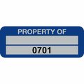 Lustre-Cal Property ID Label PROPERTY OF 5 Alum Blue 2in x 0.75in 1 Blank Pad&Serialized 0701-0800, 100PK 253740Ma2Bd0701